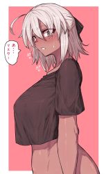 Rule 34 | 1girl, ahoge, black shirt, bow, commentary, fate/grand order, fate (series), hair bow, highres, ishibori eregomos, looking at viewer, okita souji (fate), okita souji alter (fate), okita souji alter (first ascension) (fate), shirt, short hair, solo, speech bubble, stomach, tan, tearing up, translated, upper body, white hair, yellow eyes
