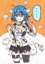 Rule 34 | 1girl, absurdres, animal print, bell, black skirt, black thighhighs, blue hair, blush, breasts, cleavage, closed mouth, cow girl, cow horns, cow print, cow tail, cowbell, highres, horns, jacket, jashin-chan dropkick, large breasts, miniskirt, minos (jashin-chan dropkick), neck bell, print jacket, red eyes, shirt, short hair, sketch, skirt, solo, striped clothes, striped thighhighs, tail, thighhighs, torn clothes, torn shirt, torn skirt, track jacket, white shirt, yuuki shushu