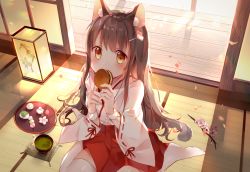 Rule 34 | 1girl, amafuyu, animal ear fluff, animal ears, backlighting, bad id, bad pixiv id, blush, brown eyes, brown hair, cat ears, cat girl, cat tail, closed mouth, commentary, cup, dango, day, eating, english commentary, flower, food, food in mouth, hair between eyes, hair ornament, hairclip, hakama, hakama short skirt, hakama skirt, holding, holding food, indoors, japanese clothes, kimono, lantern, long hair, long sleeves, looking at viewer, mochi, on floor, original, petals, pink flower, pleated skirt, red skirt, ribbon-trimmed sleeves, ribbon trim, sanshoku dango, shouji, sitting, skirt, sliding doors, solo, sunlight, tail, thighhighs, tray, trent (hobbs end), very long hair, wagashi, white kimono, white thighhighs, wide sleeves