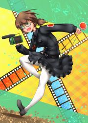 Rule 34 | absurdres, aged up, black footwear, black skirt, brown hair, camera, commentary, commentary request, film strip, girls und panzer, glasses, highres, holding, holding camera, holding sign, japanese tankery league judge uniform, long sleeves, miniskirt, ou taiga, pantyhose, short twintails, sign, skirt, twintails, white pantyhose, zetto-plus