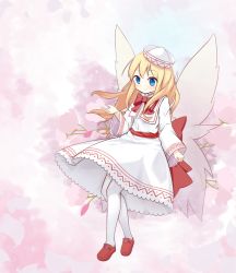 Rule 34 | 1girl, blonde hair, blue eyes, bow, bowtie, cherry blossoms, dress, fairy wings, full body, hat, highres, hino (yuruyurukoubou), lily white, loafers, long hair, long sleeves, red bow, red footwear, shoes, sidelocks, solo, thighhighs, touhou, white thighhighs, wings