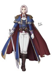 Rule 34 | 1girl, amalda (fire emblem), autumn-sacura, belt, blue cape, boots, brown footwear, cape, closed mouth, commentary, commission, epaulettes, eyelashes, fire emblem, fire emblem: thracia 776, full body, gold trim, green eyes, highres, holding, holding sword, holding weapon, medium hair, nintendo, pants, red cape, simple background, smile, solo, standing, sword, two-sided cape, two-sided fabric, two-tone cape, weapon, white background, white hair, white pants