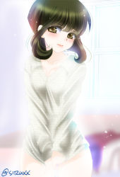 Rule 34 | 10s, 1girl, bloom, blush, brown eyes, clothes tug, ena (hui jia), eyelashes, green hair, indoors, kantai collection, lips, looking at viewer, naked sweater, short hair with long locks, smile, solo, sweater, sweater tug, takanami (kancolle), thighs, twitter username, v-neck, white sweater, window