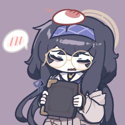 Rule 34 | 1girl, 1other, amedrama, black hair, blue archive, book, chibi, closed eyes, glasses, hairband, halo, ui (blue archive), upper body