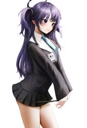 Rule 34 | 1girl, absurdres, bare legs, black jacket, black skirt, blue archive, blue necktie, blush, commentary request, from side, highres, jacket, kapo, long hair, long sleeves, miniskirt, necktie, parted lips, purple eyes, purple hair, shirt, simple background, skirt, solo, thighs, twintails, white background, white shirt, yuuka (blue archive)