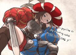 Rule 34 | 1girl, armor, asymmetrical legwear, blue eyes, boots, breastplate, brown footwear, brown hair, closed mouth, codpiece, commentary, english commentary, english text, greaves, hat, hat feather, highres, holding, holding sword, holding weapon, ironlily, landsknecht, landsknecht (ironlily), long sleeves, medium hair, meme, original, puffy long sleeves, puffy sleeves, red hat, renaissance clothes, single greave, smile, solo, squatting, sword, teabagging (meme), weapon, zweihander