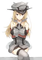 Rule 34 | 10s, 1girl, bare shoulders, bismarck (kancolle), blonde hair, blue eyes, breast hold, breasts, chibirisu, collarbone, cowboy shot, crossed arms, crossed legs, detached sleeves, gloves, grey thighhighs, hat, kantai collection, large breasts, long hair, looking at viewer, military, military hat, military uniform, peaked cap, simple background, sitting, solo, thighhighs, uniform, white background