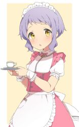 Rule 34 | 1girl, alternate costume, apron, blush, border, bow, bowtie, buttons, chestnut mouth, coffee mug, commentary request, cowboy shot, cup, dress, enmaided, frilled apron, frilled dress, frills, hands up, highres, holding, holding tray, idolmaster, idolmaster million live!, idolmaster million live! theater days, looking at viewer, maid, maid headdress, makabe mizuki, mochigome (ununquadium), mug, pink dress, puffy short sleeves, puffy sleeves, purple hair, short hair, short sleeves, sidelocks, solo, tray, waist apron, wavy hair, white apron, white border, wrist cuffs, yellow background, yellow eyes