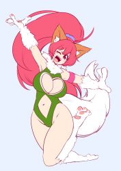 Rule 34 | 1girl, animal ears, bare legs, bare shoulders, breasts, cat ears, cat girl, cleavage, cleavage cutout, clothing cutout, curvy, female focus, full body, happy, heart cutout, highleg, highleg leotard, highres, jumping, large breasts, leotard, long hair, looking at viewer, one eye closed, paw print, perisie (star ocean), pink hair, ponytail, red eyes, ryoi, simple background, smile, solo, star ocean, star ocean first departure, thick thighs, thighs, thong leotard, very long hair, wink