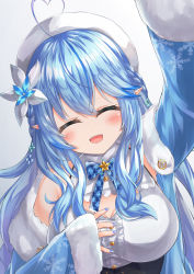 Rule 34 | 1girl, absurdres, ahoge, blue hair, blush, breasts, cleavage, closed eyes, coat, commentary request, flower, hair between eyes, hair flower, hair ornament, half updo, hat, headpat, highres, hololive, large breasts, long hair, nail polish, open mouth, pointy ears, pov, ribbon, simple background, solo, virtual youtuber, white background, winter clothes, winter coat, yukihana lamy, yukikawa sara