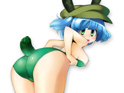 Rule 34 | 1girl, ass, bad id, bad pixiv id, blue eyes, blue hair, breasts, cucumber, female focus, gradient background, hair bobbles, hair ornament, hat, highres, kawashiro nitori, large breasts, matching hair/eyes, nipples, short hair, solo, tail, topo (bacchustab), topo bevitore, touhou, twintails, two side up, white background