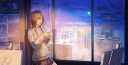 Rule 34 | 1girl, arsenixc, brown hair, building, canvas (object), cityscape, cloud, cup, easel, frost, frown, full moon, highres, long hair, looking away, messy hair, moon, mug, night, night sky, original, painting (object), pink eyes, ponytail, red eyes, reflection, revision, shadow, skirt, sky, snow, snowing, solo, steam, tea, teacup, window, window frost, winter