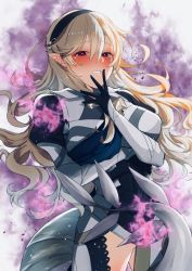 Rule 34 | 1girl, armor, aura, blue cape, blush, cape, corrin (female) (fire emblem), corrin (fire emblem), fire emblem, fire emblem fates, fire emblem heroes, gloves, hair between eyes, hair ornament, hairband, long hair, looking at viewer, nekolook, nintendo, pointy ears, red eyes, simple background, solo, spoilers, white hair