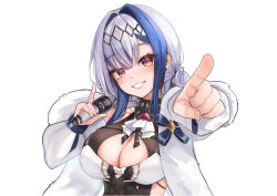 Rule 34 | 1girl, absurdres, animal ears, blue hair, breasts, cleavage, cleavage cutout, clothing cutout, coat, commentary, diadem, fluffyebi01, fur coat, grey hair, grin, high collar, highres, holding, holding microphone, large breasts, looking at viewer, microphone, multicolored hair, pointing, pointing at viewer, polygon project, rabbit ears, smile, solo, underbust, virtual youtuber, white coat, zona (polygon project)