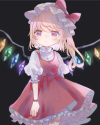 Rule 34 | 1girl, ascot, bat wings, blonde hair, crystal, flandre scarlet, hat, hat ribbon, hiyuu (hiyualice), mob cap, multicolored wings, one side up, puffy short sleeves, puffy sleeves, red eyes, red skirt, red vest, ribbon, short sleeves, side ponytail, skirt, skirt set, solo, touhou, upper body, vest, white hat, wings, yellow ascot