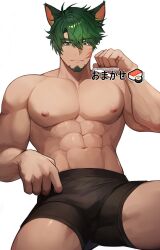 Rule 34 | 1boy, abs, absurdres, animal ears, bara, black male underwear, boxer briefs, bulge, closed mouth, facial hair, facial mark, feet out of frame, food, goatee, green eyes, green hair, gt dune, hair between eyes, highres, large pectorals, looking at viewer, male focus, male underwear, muscular, muscular male, navel, nipples, original, parted bangs, paw pose, pectorals, short hair, simple background, smile, solo, spread legs, sushi, thighs, topless male, twitter username, underwear, underwear only, white background