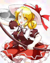 Rule 34 | 1girl, aka tawashi, blonde hair, bow, brown ribbon, brown shirt, collared shirt, commentary request, cowboy shot, curly hair, elly (touhou), frilled shirt collar, frilled skirt, frills, hat, hat bow, highres, holding, holding scythe, puffy short sleeves, puffy sleeves, red bow, red skirt, ribbon, scythe, shirt, short sleeves, simple background, skirt, sun hat, touhou, touhou (pc-98), white background, white headwear, yellow eyes