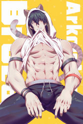 Rule 34 | 1boy, abs, animal ears, arknights, arm belt, bara, black hair, black pants, broca (arknights), broca (rest between sets) (arknights), bulge, cat boy, cat ears, cat tail, clothes in mouth, feet out of frame, hair between eyes, highres, hood, hoodie, lifting own clothes, looking at another, male focus, mouth hold, muscular, muscular male, neko punch, nipples, official alternate costume, pants, pectorals, shirt in mouth, short hair, sleeveless, sleeveless hoodie, solo, stomach, tail, teeth hold, thick thighs, thighs, underpec, white hoodie
