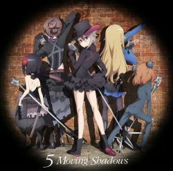 Rule 34 | 10s, 5girls, album cover, ange (princess principal), arm up, ass, bare legs, beatrice (princess principal), black footwear, black hair, black headwear, blonde hair, blue eyes, bodysuit, boots, brick, brick wall, brown hair, child, closed mouth, cover, dorothy (princess principal), double bun, english text, female focus, flower, folded ponytail, frilled skirt, frills, from behind, full body, grey bodysuit, grey hair, hair flaps, hair flower, hair ornament, hand up, hat, highres, holding, holding microphone, legs, long hair, long sleeves, looking at viewer, looking back, microphone, microphone stand, multiple girls, official art, pantyhose, princess (princess principal), princess principal, serious, short hair, skirt, standing, text focus, top hat, toudou chise