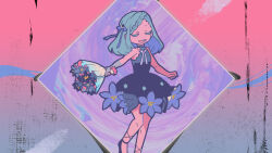 Rule 34 | 1girl, aqua dress, bare shoulders, black dress, black footwear, black ribbon, blue flower, blue hair, blue ribbon, bouquet, braid, check copyright, clenched hand, closed eyes, cloud, commentary request, copyright request, dress, dress flower, elbow gloves, flower, foot out of frame, gloves, gradient background, grey gloves, hair ribbon, halter dress, halterneck, high heels, highres, holding, holding bouquet, knees, leg ribbon, medium hair, open mouth, original, pink background, pumps, ribbon, short dress, single bare arm, single braid, single elbow glove, smile, solo, terada tera, two-tone dress