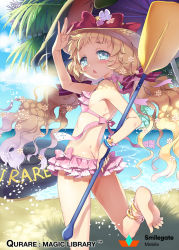 Rule 34 | 1girl, :o, anklet, ass, bad id, bad pixiv id, barefoot, beach, beach umbrella, bikini, blonde hair, blue eyes, blue sky, bow, bracelet, cloud, company name, copyright name, day, flat chest, flower, frilled bikini, frills, hair bow, hair flower, hair ornament, hand up, hat, hat bow, innertube, island, jewelry, long hair, looking at viewer, looking back, manle, montgomery (qurare), official art, outdoors, pink bikini, qurare magic library, red bow, sky, standing, standing on one leg, sun, sun hat, swim ring, swimsuit, twintails, umbrella