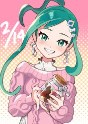 Rule 34 | 1girl, absurdres, alternate costume, arutarika (ri kaoekaki), blush, buttons, cable knit, chocolate, commentary request, creatures (company), earrings, eyelashes, game freak, green eyes, green hair, grin, head tilt, highres, holding, jar, jewelry, lisia (pokemon), looking at viewer, nintendo, pink sweater, pokemon, pokemon oras, shirt, sidelocks, smile, solo, sweater, teeth, upper body, valentine, white shirt