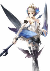 Rule 34 | 1girl, absurdres, armor, bare shoulders, blue eyes, collarbone, crown, detached sleeves, greaves, gwendolyn (odin sphere), highres, leg wings, low wings, odin sphere, polearm, pteruges, ricci, short hair, silver hair, simple background, solo, spear, weapon, white background, wings