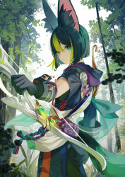 Rule 34 | 1boy, absurdres, ai xiao meng, animal ears, asymmetrical sleeves, bird, black gloves, bow (weapon), closed mouth, dated, fox ears, genshin impact, gloves, green eyes, green hair, highres, holding, holding bow (weapon), holding weapon, hunter&#039;s path (genshin impact), looking at viewer, multicolored hair, short hair, streaked hair, tighnari (genshin impact), tree, two-tone hair, weapon