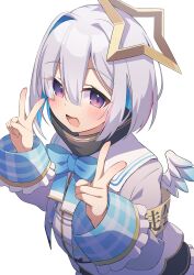 Rule 34 | 1girl, amane kanata, fragir, grey hair, hololive, looking at viewer, multicolored hair, open mouth, purple eyes, short hair, simple background, smile, solo, streaked hair, wings