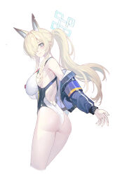 Rule 34 | 1girl, absurdres, animal ear fluff, animal ears, ass, blonde hair, blue archive, blue eyes, blue halo, blue jacket, blush, breasts, competition swimsuit, dog ears, dog girl, echj, extra ears, hair over one eye, halo, highleg, highleg one-piece swimsuit, highres, jacket, kanna (blue archive), kanna (swimsuit) (blue archive), large breasts, long hair, long sleeves, looking at viewer, one-piece swimsuit, sharp teeth, shirt, simple background, solo, swimsuit, teeth, very long hair, whistle, whistle around neck, white background, white one-piece swimsuit