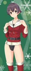 Rule 34 | 1girl, absurdres, ahoge, black hair, black one-piece swimsuit, brown eyes, cowboy shot, fur-trimmed jacket, fur-trimmed legwear, fur trim, green background, highres, jacket, kantai collection, looking at viewer, official alternate costume, one-piece swimsuit, red jacket, red thighhighs, sakawa (kancolle), short hair, snowflake background, solo, standing, swimsuit, swimsuit under clothes, takafumi, thighhighs