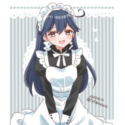 Rule 34 | 1girl, ahoge, alternate costume, apron, black dress, black hair, blue background, breasts, brown eyes, cocoperino, cowboy shot, dated, dress, enmaided, frilled apron, frilled dress, frills, hair between eyes, kantai collection, long hair, long sleeves, looking at viewer, maid, maid apron, maid headdress, medium breasts, open mouth, puffy long sleeves, puffy sleeves, smile, twitter username, ushio (kancolle), white apron, white background
