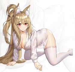 Rule 34 | 1girl, all fours, animal ear fluff, animal ears, bad id, bad pixiv id, blonde hair, blush, breasts, cleavage, closed mouth, collarbone, collared shirt, commission, dress shirt, ellin meiji, fighter (dungeon and fighter), fox ears, large breasts, long hair, long sleeves, looking at viewer, naked shirt, no shoes, one side up, open clothes, open shirt, original, red eyes, see-through, shirt, solo, striker (dungeon and fighter), suou-sensei, thighhighs, thighs, very long hair, white shirt, white thighhighs, zoom layer