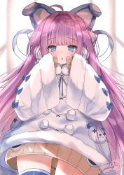 Rule 34 | 1girl, absurdres, animal ears, azur lane, blue eyes, blush, coat, dress, fake animal ears, fur trim, hair ornament, hair ribbon, highres, long hair, long sleeves, looking at viewer, neco meito, open mouth, purple hair, ribbon, sleeves past wrists, solo, sweater, tashkent (azur lane), thighhighs, very long hair, white coat, white thighhighs, winter clothes