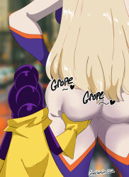 Rule 34 | 1boy, 1girl, absurdres, age difference, ass, ass grab, backboob, blonde hair, boku no hero academia, breasts, elbow gloves, english text, from behind, ghostnerdy, gloves, grabbing, grabbing another&#039;s ass, grabbing from behind, groping, head out of frame, height difference, highres, huge ass, long hair, looking back, lower body, mineta minoru, mount lady, pervert, size difference, standing, stealth ass grab, thighs, yellow gloves
