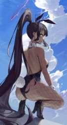 Rule 34 | 1girl, absurdres, ahoge, animal ears, ass, backless leotard, black footwear, black hair, black leotard, blue archive, blue sky, blush, breasts, closed mouth, cloud, cloudy sky, commentary, dark-skinned female, dark skin, day, detached collar, ear piercing, expressionless, fake animal ears, fake tail, fishnet pantyhose, fishnets, from behind, full body, halo, high heels, high ponytail, highres, karin (blue archive), karin (bunny) (blue archive), leotard, long hair, looking at viewer, looking back, medium breasts, official alternate costume, outdoors, pantyhose, piercing, playboy bunny, ponytail, punyong827, purple halo, rabbit ears, rabbit tail, sky, solo, squatting, strapless, strapless leotard, tail, tiptoes, very long hair, wrist cuffs, yellow eyes