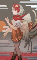 Rule 34 | 1girl, absurdres, animal, animal on head, bird, bird on head, bird tail, bird wings, brown dress, brown footwear, chicken, commentary, commentary request, dress, flower, highres, looking at viewer, neckwear request, niwatari kutaka, on head, pantyhose, puffy short sleeves, puffy sleeves, red eyes, short hair, short sleeves, sly930105, solo, spider lily, standing, touhou, white hair, wily beast and weakest creature, wings