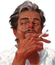 Rule 34 | 1boy, absurdres, arm up, better call saul, black hair, breaking bad, brown eyes, cigarette, closed mouth, facial hair, hand on own face, highres, holding, holding cigarette, lalo salamanca, looking to the side, male focus, multicolored hair, mustache, portrait, realistic, sgkg108, shirt, short hair, simple background, two-tone hair, white background, white hair, white shirt