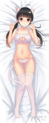 Rule 34 | 1girl, :o, absurdres, ahoge, animal ear legwear, animal ears, bare arms, bare shoulders, bed sheet, bell, black hair, blunt bangs, blush, bra, breasts, brown eyes, cat cutout, cat ear legwear, cat ear panties, cat ears, cat hair ornament, cat lingerie, cat tail, choker, cleavage, cleavage cutout, clothing cutout, collarbone, commentary request, dakimakura (medium), dated, frilled bra, frills, from above, full body, groin, hair ornament, hair ribbon, hands up, highres, jingle bell, long hair, looking at viewer, low twintails, lying, medium breasts, meme attire, navel, neck bell, nose blush, on back, original, panties, qi==qi, ribbon, shiny clothes, shiny skin, side-tie panties, signature, solo, stomach, tail, thigh gap, thighhighs, twintails, underwear, underwear only, white bra, white choker, white panties, white ribbon, white thighhighs