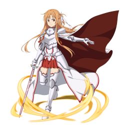 Rule 34 | 1girl, armor, artist request, asuna (sao), boots, braid, breasts, brown eyes, brown hair, cleavage, full body, highres, holding, holding sword, holding weapon, long hair, looking at viewer, medium breasts, miniskirt, rapier, skirt, smile, solo, standing, sword, sword art online, sword art online: alicization, thighhighs, thighhighs under boots, transparent background, very long hair, waist cape, weapon, white thighhighs