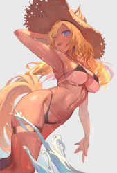 Rule 34 | 1girl, absurdres, animal ears, arknights, arm up, armpits, bare arms, bare shoulders, bikini, bikini tan, black bikini, blonde hair, blue eyes, breasts, cowboy shot, ears through headwear, grey background, hat, highleg, highleg bikini, highres, large breasts, long hair, looking at viewer, navel, open mouth, simple background, solo, stomach, sun hat, swimsuit, tail, tan, tanline, thigh strap, thighs, vic (vedream), whislash (arknights)