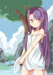 Rule 34 | 1girl, beatrice (wild arms), beatrice (wild arms 3), cloud, day, dress, johnny funamushi, long hair, mountain, orange eyes, purple hair, rock, solo, strap slip, tree, water, white dress, wild arms, wild arms 3, wringing clothes