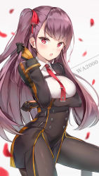 Rule 34 | 1girl, :o, absurdres, black gloves, black pantyhose, black skirt, blunt bangs, blush, breast hold, breasts, buttons, character name, chestnut mouth, collared shirt, double-breasted, ginn (hzh770121), girls&#039; frontline, gloves, hair ribbon, high-waist skirt, highres, long hair, long sleeves, looking at viewer, medium breasts, motion lines, necktie, one side up, panties, pantyhose, petals, red eyes, red necktie, red ribbon, ribbon, round teeth, shirt, skirt, solo, straight hair, striped clothes, striped shirt, teeth, underwear, v-shaped eyebrows, vertical-striped clothes, vertical-striped shirt, very long hair, wa2000 (girls&#039; frontline), white shirt, wing collar