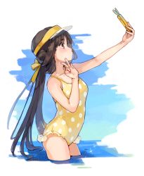 Rule 34 | 1girl, black hair, blush, breasts, cellphone, collarbone, commentary request, day, frilled swimsuit, frills, girls&#039; frontline, hair ribbon, holding, holding phone, imoko (imonatsuki), long hair, one-piece swimsuit, outdoors, phone, phone with ears, polka dot, polka dot swimsuit, qbu-88 (girls&#039; frontline), ribbon, selfie, sidelocks, small breasts, smartphone, swimsuit, v, visor cap, wading, water, yellow headwear, yellow one-piece swimsuit, yellow ribbon