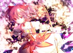 Rule 34 | 10s, 1girl, arrow (projectile), bad id, bad pixiv id, bow (weapon), choker, drawing bow, dress, female focus, gloves, hair ribbon, holding, holding bow (weapon), holding weapon, kaname madoka, magical girl, mahou shoujo madoka magica, mahou shoujo madoka magica (anime), pink eyes, pink hair, ribbon, riichu, short hair, short twintails, solo, twintails, weapon