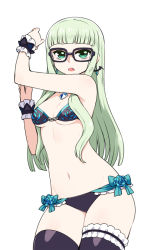 Rule 34 | 10s, 1girl, :o, aikatsu!, aikatsu! (series), arm up, bare arms, bare shoulders, bat earrings, bespectacled, bikini, black-framed eyewear, black bikini, black thighhighs, blue bow, blunt bangs, bow, bow bikini, breasts, chan co, cowboy shot, earrings, fang, frilled bikini, frilled cuffs, frilled thighhighs, frills, glasses, green eyes, green hair, jewelry, long hair, looking at viewer, navel, necklace, open mouth, pendant, revision, sidelocks, simple background, small breasts, solo, swimsuit, thighhighs, todo yurika, white background, wrist cuffs