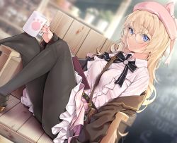 Rule 34 | 1girl, agnamore, bag, belt, belt skirt, beret, blonde hair, blue eyes, blurry, blurry background, book, bra visible through clothes, breast press, cafe, cake, cardigan, coffee mug, cup, food, frilled shirt, frilled skirt, frills, glasses, hat, highres, holding, holding cup, long hair, mole, mole under mouth, mug, myndi, original, pantyhose, ribbon, ribbon shoes, see-through, shirt, sitting, skirt, sleeves past elbows, smile, solo, strawberry shortcake, white shirt, wooden chair, wooden floor