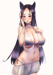 Rule 34 | 1girl, :d, animal ears, atago (azur lane), atago (azur lane) (cosplay), atago (summer march) (azur lane), azur lane, bare arms, bare shoulders, bikini, blush, breasts, carbon12th, choker, cleavage, collarbone, cosplay, covered erect nipples, fate/grand order, fate (series), flower, forehead, front-tie bikini top, front-tie top, grey bikini, hair flower, hair ornament, half-closed eyes, hand on own cheek, hand on own chest, hand on own face, highres, large breasts, long hair, looking at viewer, minamoto no raikou (fate), open mouth, parted bangs, ribbon, sarong, see-through, side-tie bikini bottom, simple background, skindentation, smile, solo, straight hair, swimsuit, underboob, very long hair, white background, wrist ribbon