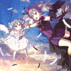 Rule 34 | 10s, 2girls, alternate color, angel wings, dress, drill hair, dual persona, feathers, holding hands, highres, idolmaster, idolmaster cinderella girls, interlocked fingers, kanzaki ranko, kotori (gokigen iori), long hair, multiple girls, open mouth, red eyes, silver hair, twin drills, twintails, wings