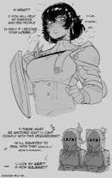 Rule 34 | !, !!, !?, ..., 3girls, absurdres, armor, black hair, blunt bangs, blush, breasts, capcom, commentary, earrings, english commentary, english text, fiorayne (monster hunter), flying sweatdrops, grey background, greyscale, hair between eyes, highres, hinoa, jewelry, krekkov, medium breasts, minoto, monochrome, monster hunter (series), monster hunter rise, multiple girls, open mouth, pointy ears, shaded face, shield, short hair, siblings, simple background, sweat, twins